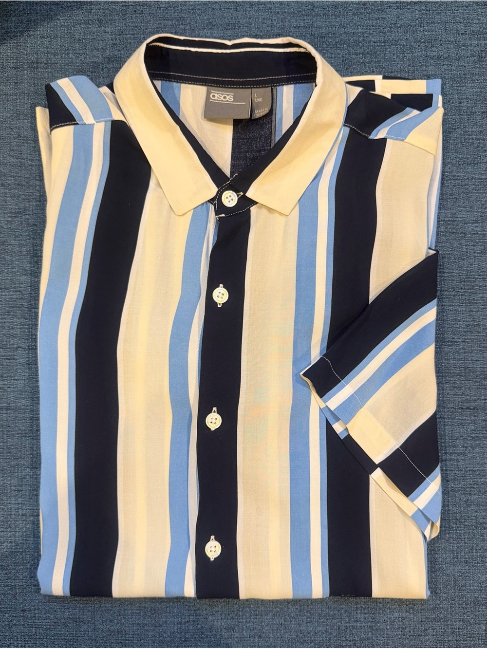 ASOS Striped Short Sleeve Button-Down Shirt in Navy, Light Blue & Cream